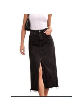 Pistola skirt 27 Black Denim Midi High Rise Raw Hem Slit Boho Y2K Style western